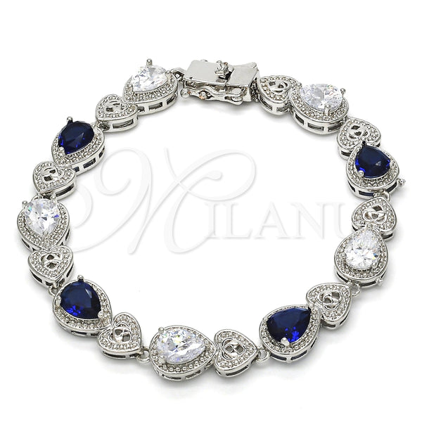 Rhodium Gold Filled Tennis Bracelet, Heart and Teardrop Design, with Sapphire Blue and White Cubic Zirconia, Polished, Rhodium Finish, 03.210.0072.8.08 (09 MM Thickness, 8 Inches Length)