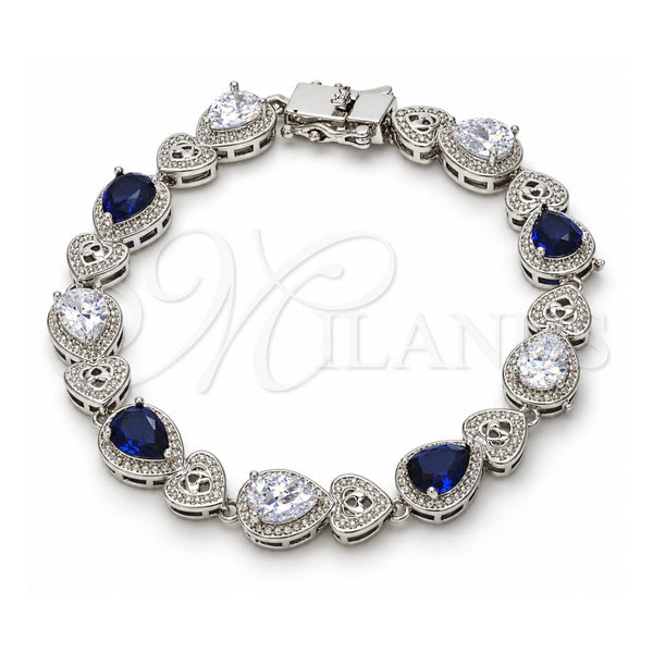 White Gold Filled Tennis Bracelet, Heart and Teardrop Design, with Sapphire Blue and White Cubic Zirconia, Polished, Rhodium Finish, 03.210.0072.8.08 (09 MM Thickness, 8 Inches Length)