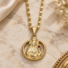 Oro Laminado Pendant Necklace, Gold Filled Style Sagrado Corazon de Jesus Design, with Garnet Cubic Zirconia, Polished, Golden Finish, 04.09.0168.18 (02 MM Thickness, 18 Inches Length)