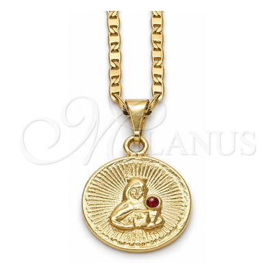 Oro Laminado Pendant Necklace, Gold Filled Style Sagrado Corazon de Maria Design, with Garnet Cubic Zirconia, Polished, Golden Finish, 04.09.0168.1.18 (02 MM Thickness, 18 Inches Length)