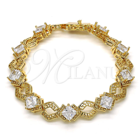 Oro Laminado Tennis Bracelet, Gold Filled Style Greek Key Design, with White Cubic Zirconia, Polished, Golden Finish, 03.210.0073.08 (10 MM Thickness, 8 Inches Length)