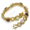 Oro Laminado Tennis Bracelet, Gold Filled Style Greek Key Design, with Garnet and White Cubic Zirconia, Polished, Golden Finish, 03.210.0073.1.08 (10 MM Thickness, 8 Inches Length)