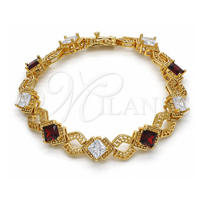 Oro Laminado Tennis Bracelet, Gold Filled Style Greek Key and Box Lock Design, with Garnet and White Cubic Zirconia, Polished, Golden Finish, 03.210.0073.1.08 (10 MM Thickness, 8 Inches Length)