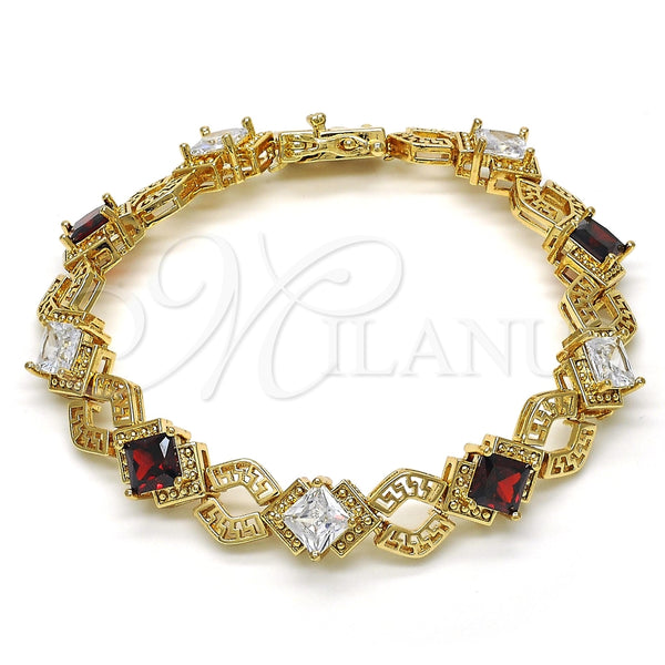 Gold Filled Bracelet — Tennis Bracelet Greek Key Design with Garnet and — main product view — SKU 119617 | Oro Laminado brazalete — Tennis Bracelet Greek Key diseño with Garnet and — SKU 119617