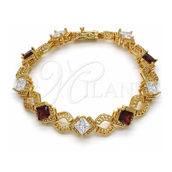 Oro Laminado Tennis Bracelet, Gold Filled Style Greek Key and Box Lock Design, with Garnet and White Cubic Zirconia, Polished, Golden Finish, 03.210.0073.1.08 (10 MM Thickness, 8 Inches Length)