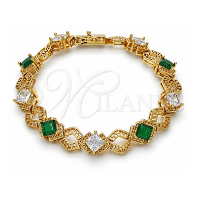 Oro Laminado Tennis Bracelet, Gold Filled Style Greek Key and Box Lock Design, with Green and White Cubic Zirconia, Polished, Golden Finish, 03.210.0073.3.08 (10 MM Thickness, 8 Inches Length)