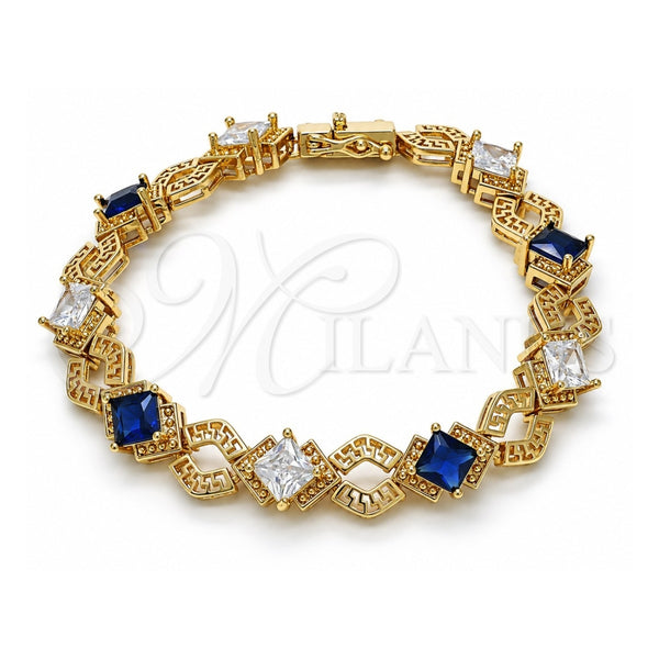 Oro Laminado Tennis Bracelet, Gold Filled Style Greek Key and Box Lock Design, with Sapphire Blue and White Cubic Zirconia, Polished, Golden Finish, 03.210.0073.4.08 (10 MM Thickness, 8 Inches Length)
