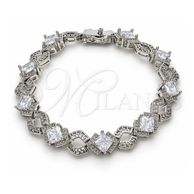 White Gold Filled Tennis Bracelet, Greek Key and Box Lock Design, with White Cubic Zirconia, Polished, Rhodium Finish, 03.210.0073.5.08 (10 MM Thickness, 8 Inches Length)