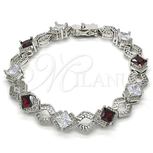 White Gold Filled Bracelet — Tennis Bracelet Greek Key Design with Garnet and — main product view — SKU 119622 | Oro Laminado Blanco brazalete — Tennis Bracelet Greek Key diseño with Garnet and — SKU 119622