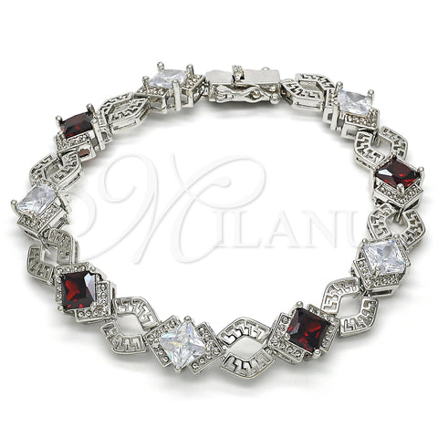 Rhodium Plated Tennis Bracelet, Greek Key Design, with Garnet and White Cubic Zirconia, Polished, Rhodium Finish, 03.210.0073.6.08 (10 MM Thickness, 8 Inches Length)