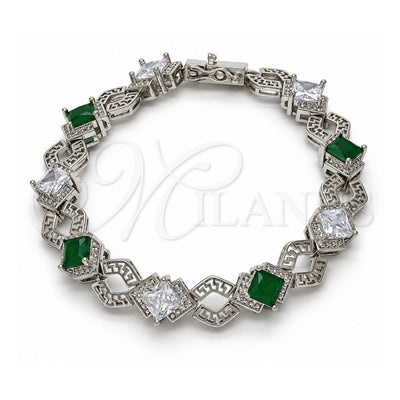 White Gold Filled Tennis Bracelet, Greek Key and Box Lock Design, with Green and White Cubic Zirconia, Polished, Rhodium Finish, 03.210.0073.7.08 (10 MM Thickness, 8 Inches Length)