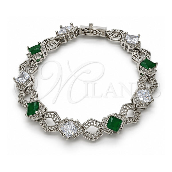 White Gold Filled Tennis Bracelet, Greek Key and Box Lock Design, with Green and White Cubic Zirconia, Polished, Rhodium Finish, 03.210.0073.7.08 (10 MM Thickness, 8 Inches Length)