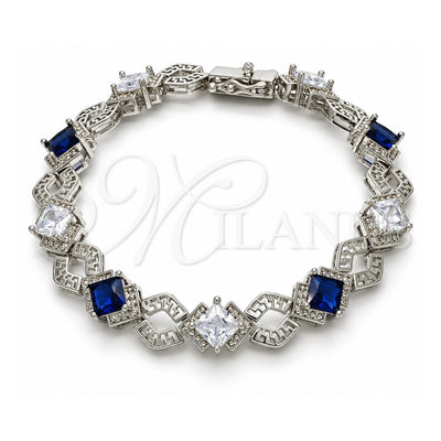 White Gold Filled Tennis Bracelet, Greek Key and Box Lock Design, with Sapphire Blue and White Cubic Zirconia, Polished, Rhodium Finish, 03.210.0073.8.08 (10 MM Thickness, 8 Inches Length)