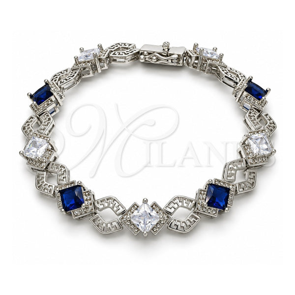 White Gold Filled Tennis Bracelet, Greek Key and Box Lock Design, with Sapphire Blue and White Cubic Zirconia, Polished, Rhodium Finish, 03.210.0073.8.08 (10 MM Thickness, 8 Inches Length)