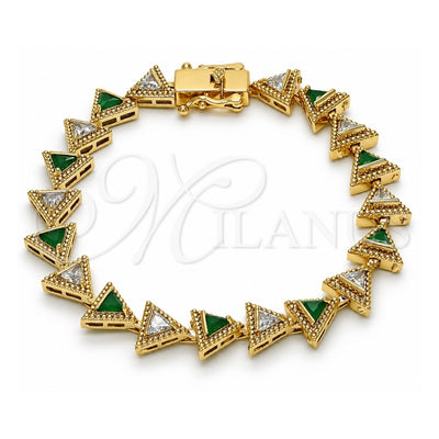 Oro Laminado Tennis Bracelet, Gold Filled Style Box Lock Design, with Green and White Cubic Zirconia, Polished, Golden Finish, 03.210.0074.3.08 (09 MM Thickness, 8 Inches Length)