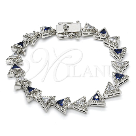 Rhodium Plated Tennis Bracelet, with Sapphire Blue and White Cubic Zirconia, Polished, Rhodium Finish, 03.210.0074.8.08 (09 MM Thickness, 8 Inches Length)