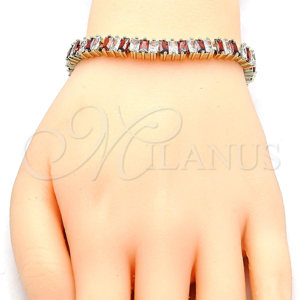 Oro Laminado Tennis Bracelet, Gold Filled Style Baguette Design, with Garnet and White Cubic Zirconia, Polished, Golden Finish, 03.210.0075.1.08 (06 MM Thickness, 8 Inches Length)