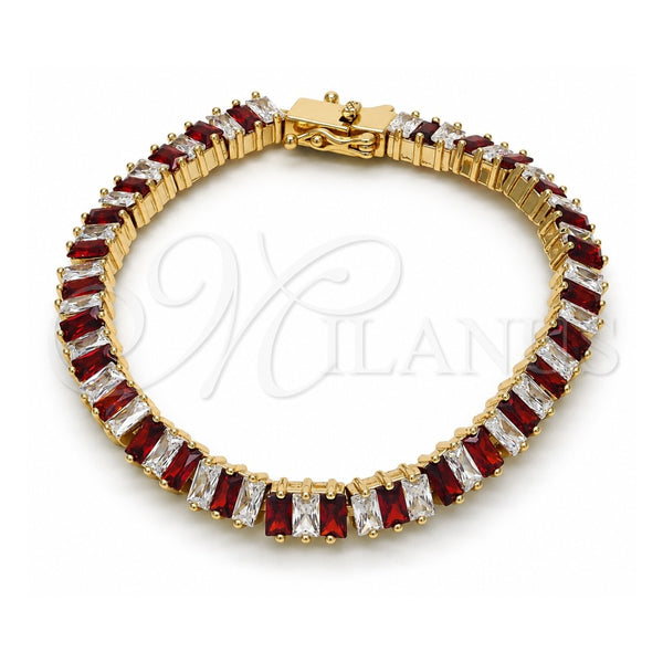 Oro Laminado Tennis Bracelet, Gold Filled Style Baguette and Box Lock Design, with Garnet and White Cubic Zirconia, Polished, Golden Finish, 03.210.0075.1.08 (06 MM Thickness, 8 Inches Length)