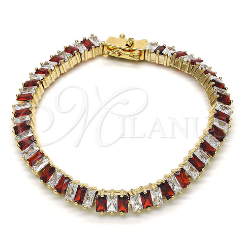 Oro Laminado Tennis Bracelet, Gold Filled Style Baguette Design, with Garnet and White Cubic Zirconia, Polished, Golden Finish, 03.210.0075.1.08 (06 MM Thickness, 8 Inches Length)