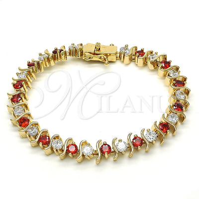 Oro Laminado Tennis Bracelet, Gold Filled Style with Garnet and White Cubic Zirconia, Polished, Golden Finish for wholesale, main product view