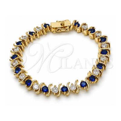 Oro Laminado Tennis Bracelet, Gold Filled Style Box Lock Design, with Sapphire Blue and White Cubic Zirconia, Polished, Golden Finish, 03.210.0076.3.08 (08 MM Thickness, 8 Inches Length)