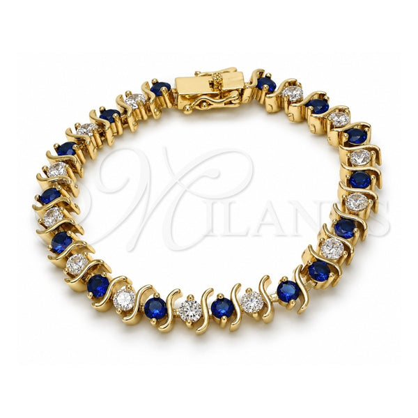 Oro Laminado Tennis Bracelet, Gold Filled Style Box Lock Design, with Sapphire Blue and White Cubic Zirconia, Polished, Golden Finish, 03.210.0076.3.08 (08 MM Thickness, 8 Inches Length)