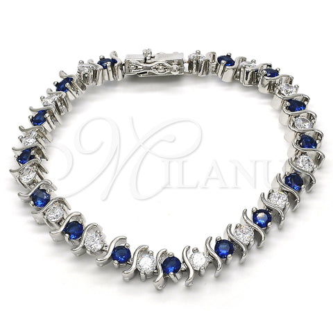 Rhodium Plated Tennis Bracelet, with Sapphire Blue and White Cubic Zirconia, Polished, Rhodium Finish, 03.210.0076.7.08 (08 MM Thickness, 8 Inches Length)