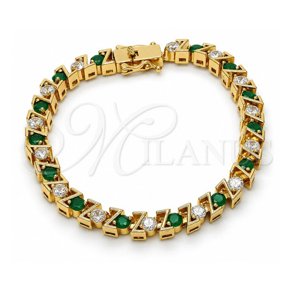 Oro Laminado Tennis Bracelet, Gold Filled Style Box Lock Design, with Green and White Cubic Zirconia, Polished, Golden Finish, 03.210.0078.2.08 (06 MM Thickness, 8 Inches Length)