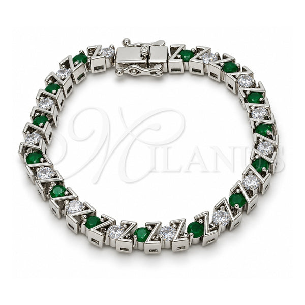 White Gold Filled Tennis Bracelet, Box Lock Design, with Green and White Cubic Zirconia, Polished, Rhodium Finish, 03.210.0078.6.08 (06 MM Thickness, 8 Inches Length)