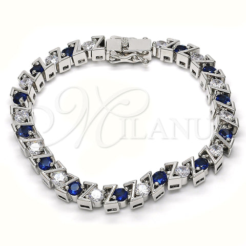 Rhodium Plated Tennis Bracelet, with Sapphire Blue and White Cubic Zirconia, Polished, Rhodium Finish, 03.210.0078.7.08 (06 MM Thickness, 8 Inches Length)