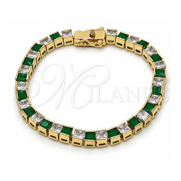 Oro Laminado Tennis Bracelet, Gold Filled Style Box Lock Design, with Green and White Cubic Zirconia, Polished, Golden Finish, 03.210.0079.2.08 (05 MM Thickness, 8 Inches Length)