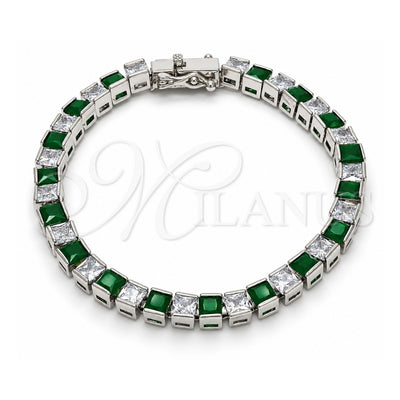 White Gold Filled Tennis Bracelet, Box Lock Design, with Green and White Cubic Zirconia, Polished, Rhodium Finish, 03.210.0079.6.08 (05 MM Thickness, 8 Inches Length)
