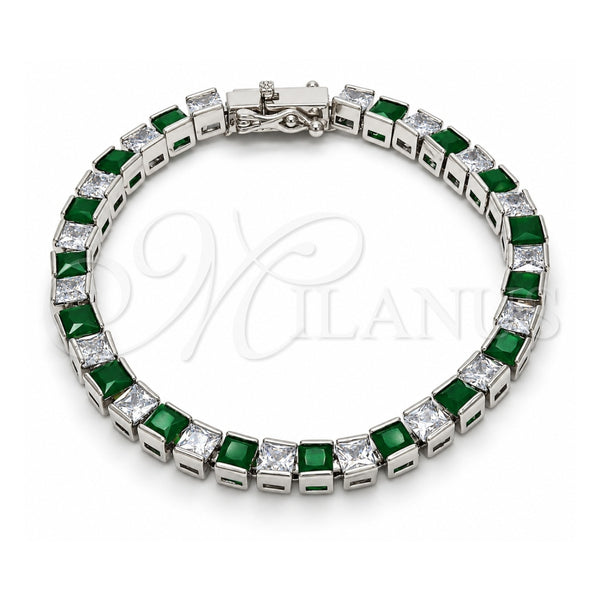 White Gold Filled Tennis Bracelet, Box Lock Design, with Green and White Cubic Zirconia, Polished, Rhodium Finish, 03.210.0079.6.08 (05 MM Thickness, 8 Inches Length)