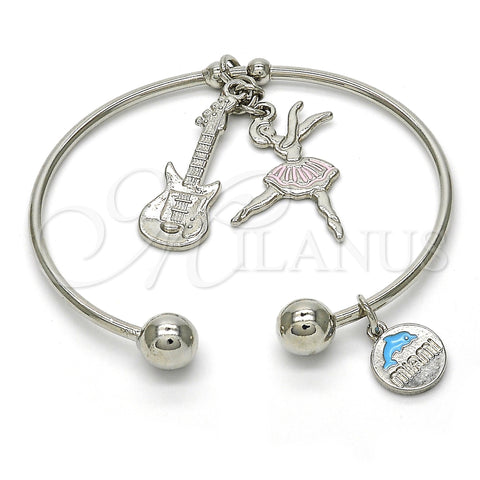 Rhodium Plated Individual Bangle, Guitar and Dolphin Design, Multicolor Enamel Finish, Rhodium Finish, 07.179.0004.1 (02 MM Thickness, One size fits all)