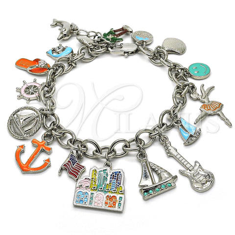 Rhodium Plated Charm Bracelet, Anchor and Guitar Design, with White Crystal, Multicolor Enamel Finish, Rhodium Finish, 03.179.0033.1.08 (08 MM Thickness, 8 Inches Length)