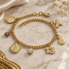 Oro Laminado Charm Bracelet, Gold Filled Style Guadalupe and Evil Eye Design, with White Cubic Zirconia, Red Resin Finish, Golden Finish, 03.32.0072.07 (7 Inches Length)