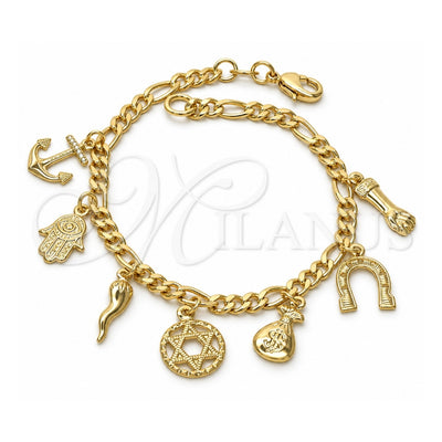 Oro Laminado Charm Bracelet, Gold Filled Style Judaica and Star of David Design, Polished, Golden Finish, 03.32.0074.07 (7 Inches Length)