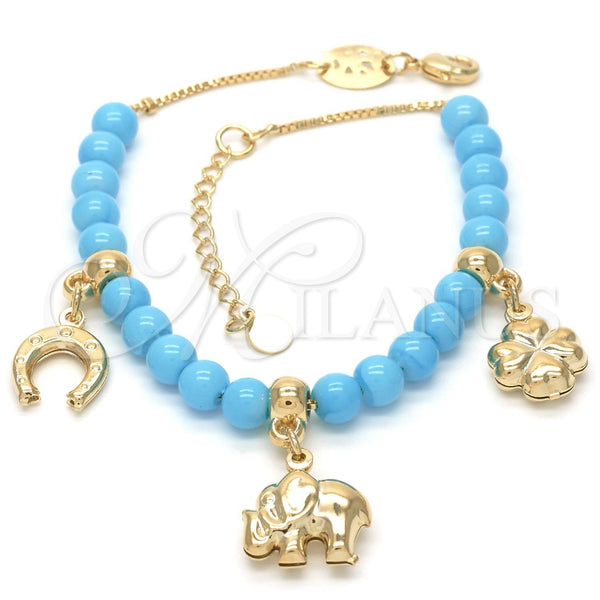 Gold Filled Bracelet — Charm Bracelet Elephant and Four-leaf Clover Design with — main product view — SKU 119736 | Oro Laminado brazalete — Charm Bracelet Elephant and Four-leaf Clover diseño with — SKU 119736