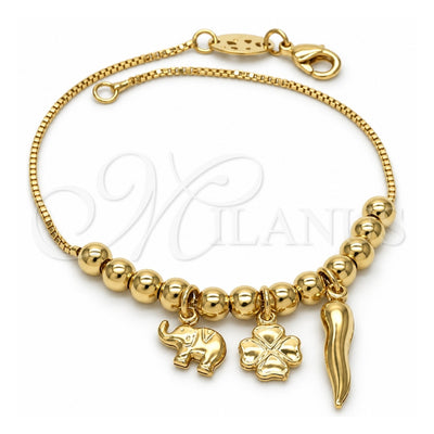 Oro Laminado Charm Bracelet, Gold Filled Style Elephant and Four-leaf Clover Design, Polished, Golden Finish, 03.32.0082.08 (8 Inches Length)