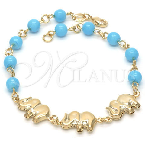 Oro Laminado Fancy Bracelet, Gold Filled Style Elephant and Ball Design, with Blue Topaz Opal, Polished, Golden Finish, 03.32.0089.08 (8 Inches Length)