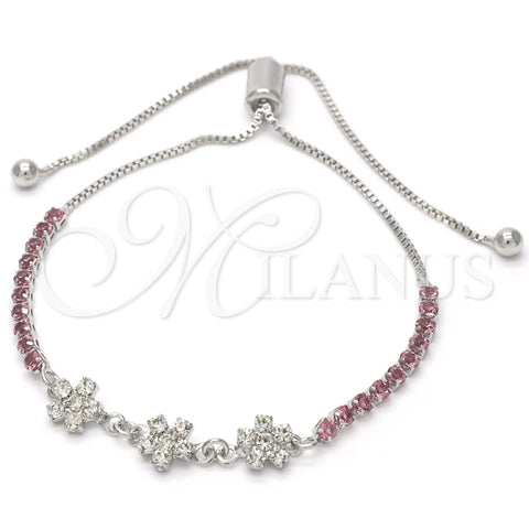 Rhodium Plated Adjustable Bolo Bracelet, Flower and Box Design, with Pink and White Cubic Zirconia, Polished, Rhodium Finish, 03.32.0107.3.10 (10 Inches Length)