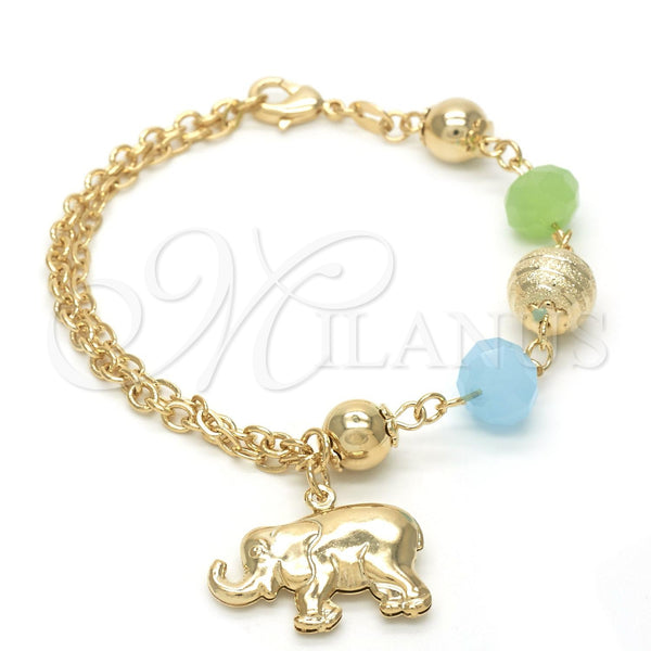 Oro Laminado Charm Bracelet, Gold Filled Style Elephant and Ball Design, with Dark Apple Green and Aquamarine Opal, Polished, Golden Finish, 03.32.0114.07 (7 Inches Length)