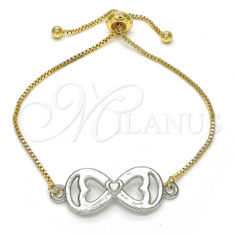 Oro Laminado Adjustable Bolo Bracelet, Gold Filled Style Infinite and Heart Design, Polished, Two Tone, 03.63.1839.10 (01 MM Thickness, 10 Inches Length)