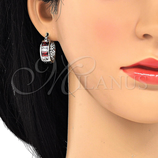 White Gold Filled Hoop Earrings — Small Hoop with Garnet and White Cubic Zirconia — alternate product view — SKU 119905 | Oro Laminado Blanco aretes de aro — Small Hoop with Garnet and blanco Cubic Zirconia — SKU 119905