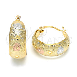 Gold Filled Hoop Earrings — Small Hoop Flower Design Polished Tricolor 02. — main product view — SKU 119929 | Oro Laminado aretes de aro — Small Hoop flor diseño pulido Tricolor 02. — SKU 119929