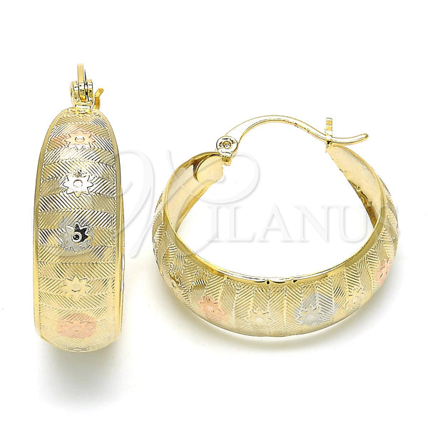 Gold Filled Hoop Earrings — Medium Hoop Flower Design Polished Tricolor 02. — main product view — SKU 119930 | Oro Laminado aretes de aro — Medium Hoop flor diseño pulido Tricolor 02. — SKU 119930