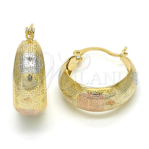 Gold Filled Hoop Earrings — Small Hoop Greek Key Design Polished Tricolor 02. — main product view — SKU 119931 | Oro Laminado aretes de aro — Small Hoop Greek Key diseño pulido Tricolor 02. — SKU 119931