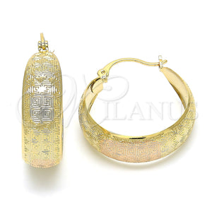 Gold Filled Hoop Earrings — Medium Hoop Greek Key Design Polished Tricolor 02. — main product view — SKU 119932 | Oro Laminado aretes de aro — Medium Hoop Greek Key diseño pulido Tricolor 02. — SKU 119932