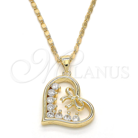 Oro Laminado Pendant Necklace, Gold Filled Style Heart and Bow Design, with White Cubic Zirconia, Polished, Golden Finish, 04.195.0013.20 (02 MM Thickness, 20 Inches Length)