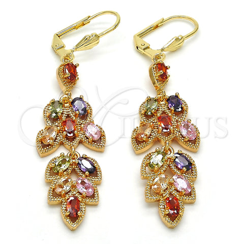 Oro Laminado Long Earring, Gold Filled Style Leaf Design, with Multicolor Cubic Zirconia, Polished, Golden Finish, 02.323.0007.1